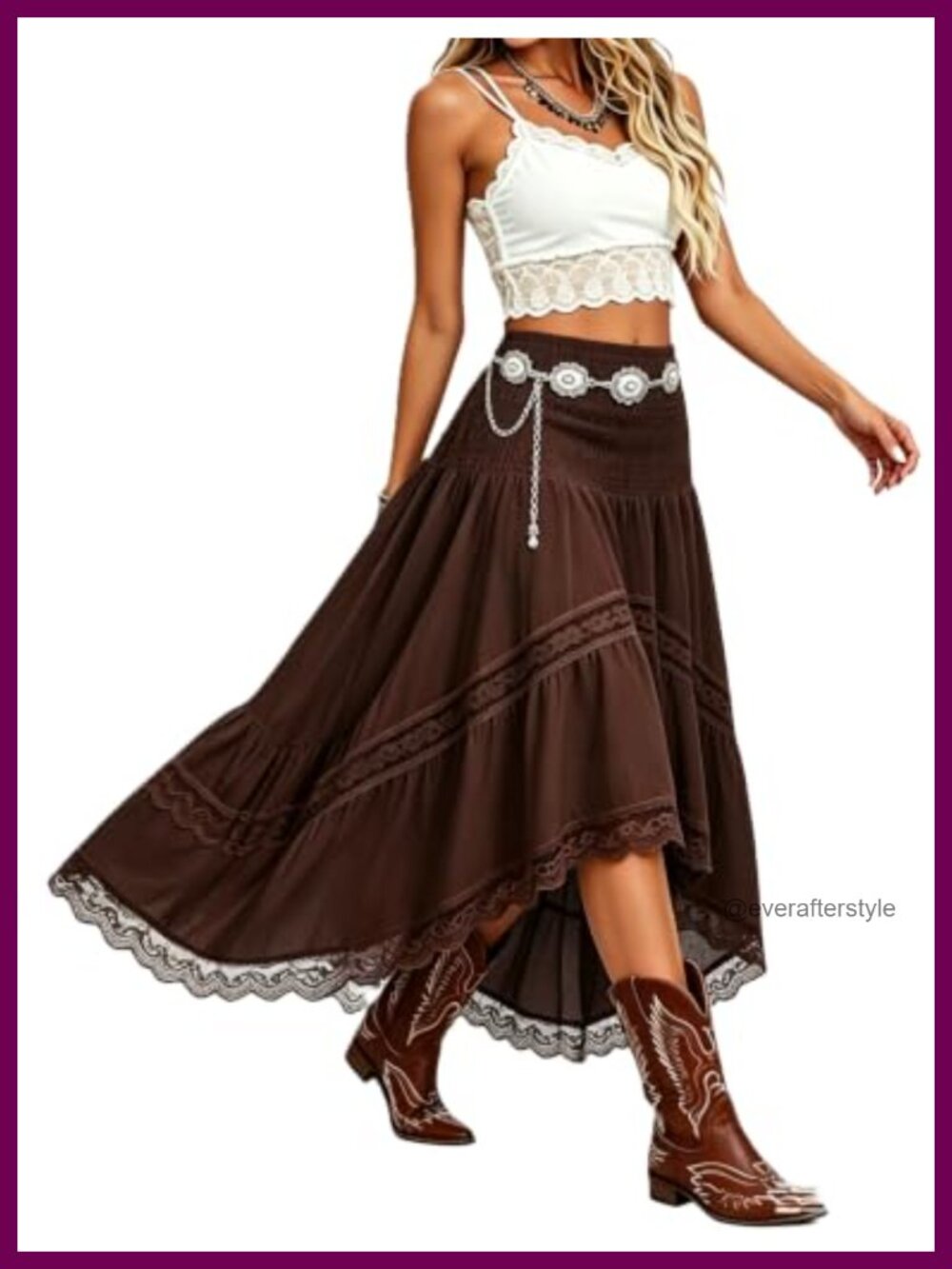 Boho Maxi Skirt High Waist Flowy A Line Ruffle Hem Rayon Nylon